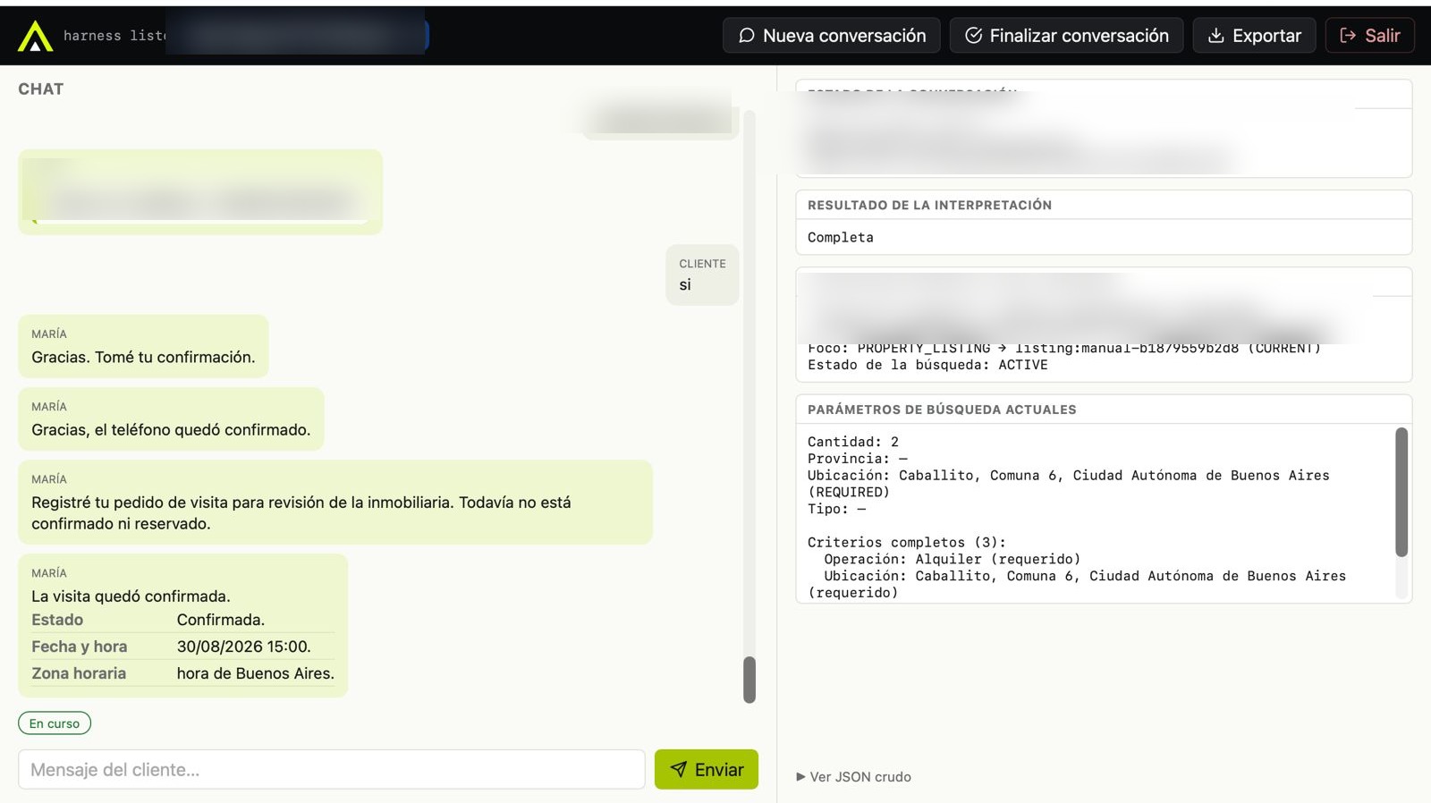 Entorno funcional real de conversación de AInmobiliario